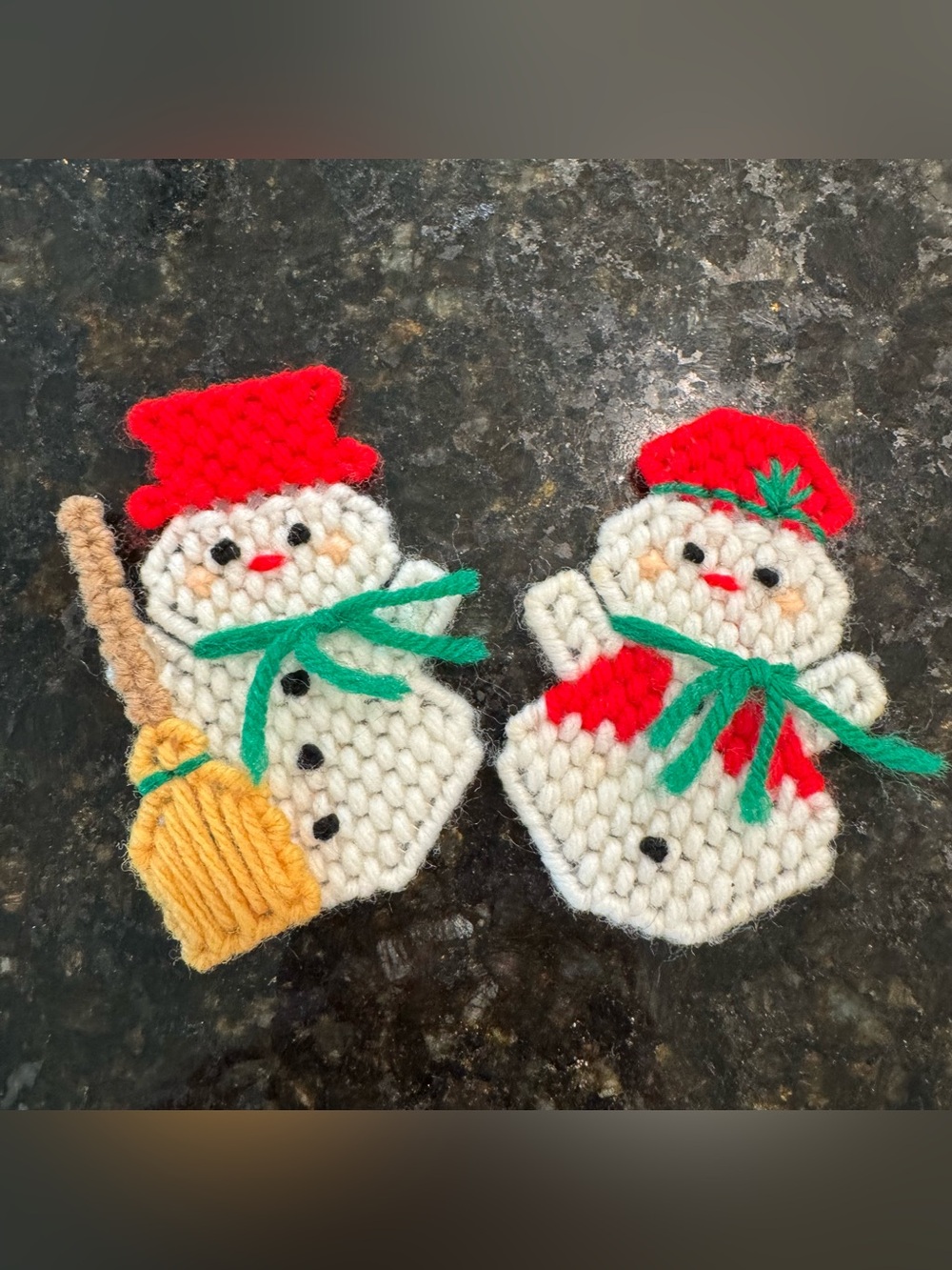 Handmade Knit Snowman Appliqués with Red Hats